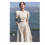 White 2 PCS Set Fashion women's bubble sleeve top+high waist skirt pants wide leg pants