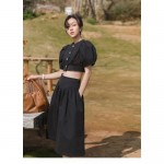 Black2 PCS Set Fashion women's bubble sleeve top+high waist skirt pants wide leg pants