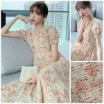 Fashion summer women's sweet floral pleated A line short sleeve chiffon dress