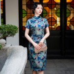 Green Spring Summer Retro Elegant Chinese Imitation Silk Short-Sleeved Print Cheongsam Dress