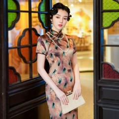 Pink Spring Summer Retro Elegant Chinese Imitation Silk Short-Sleeved Print Cheongsam Dress