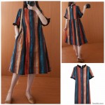 Summer Women's Ethnic Color Stripe Large Loose Wood Ear Short Sleeve Thin Dress