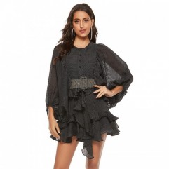 Black Women's Fashion Sexy See-through Summer Lantern Sleeve Ruffled Layer Dresses