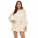 Apricot Women's Fashion Sexy See-through Summer Lantern Sleeve Ruffled Layer Dresses