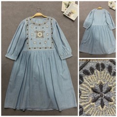 Women's Retro Embroidered Loose 3/4 Sleeve Denim Dress