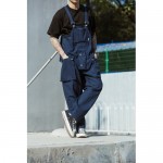 Blue Retro fashion men's casual loose multi-pocket suspenders pants jumpsuit