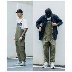 Green Retro fashion men's casual loose multi-pocket suspenders pants jumpsuit