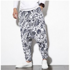 Chinese Ethnic Men's Plus Size Linen Print Loose Casual Harem Pants Bloomers  (Trousers with pockets on sides)