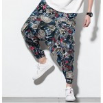 Chinese Ethnic Men's Plus Size Linen Print Loose Casual Harem Pants Bloomers  (Trousers with pockets on sides)