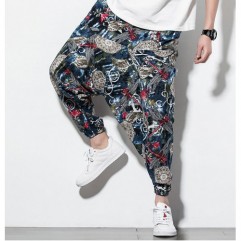 Chinese Ethnic Men's Plus Size Linen Print Loose Casual Harem Pants Bloomers  (Trousers with pockets on sides)