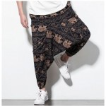 Chinese Ethnic Men's Plus Size Linen Print Loose Casual Harem Pants Bloomers  (Trousers with pockets on sides)