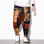 Chinese Ethnic Men's Plus Size Linen Print Loose Casual Harem Pants Bloomers  (Trousers with pockets on sides)