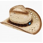 A-blue Bead_beige Men & Women's Woven Straw Cowboy Hat w/Hat Band