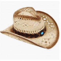 A-blue Bead_beige Men & Women's Woven Straw Cowboy Hat w/Hat Band