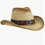 Brown_blue Stone Men & Women's Woven Straw Cowboy Hat w/Hat Band