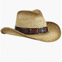 Brown_blue Stone Men & Women's Woven Straw Cowboy Hat w/Hat Band