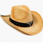 Bull_beige/ Brown Band Men & Women's Woven Straw Cowboy Hat w/Hat Band