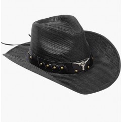 Bull_black High Density Men & Women's Woven Straw Cowboy Hat w/Hat Band