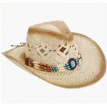  Nature_beige/Blue Bead Men & Women's Woven Straw Cowboy Hat w/Hat Band