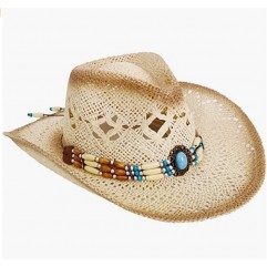  Nature_beige/Blue Bead Men & Women's Woven Straw Cowboy Hat w/Hat Band