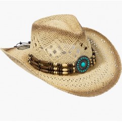 Round Bead_nature Men & Women's Woven Straw Cowboy Hat w/Hat Band