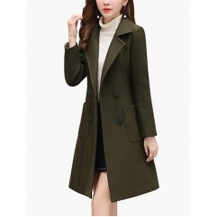 Armygreen Women Winter Wool Blend Camel Mid-Long Coat Notch Double-Breasted Lapel Jacket Outwear