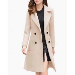  Cream White Women Winter Wool Blend Camel Mid-Long Coat Notch Double-Breasted Lapel Jacket Outwear