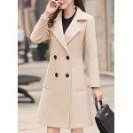  Cream White Women Winter Wool Blend Camel Mid-Long Coat Notch Double-Breasted Lapel Jacket Outwear