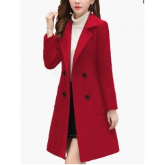 Red Women Winter Wool Blend Camel Mid-Long Coat Notch Double-Breasted Lapel Jacket Outwear