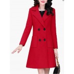 Red Women Winter Wool Blend Camel Mid-Long Coat Notch Double-Breasted Lapel Jacket Outwear