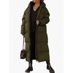 Army Green Women Long Quilted Coat Hooded Maxi Length Long Sleeve Puffer Jacket Padded Coat Winter Outerwear