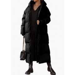 Black Women Long Quilted Coat Hooded Maxi Length Long Sleeve Puffer Jacket Padded Coat Winter Outerwear