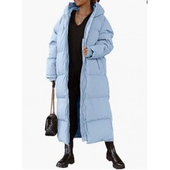 Blue Women Long Quilted Coat Hooded Maxi Length Long Sleeve Puffer Jacket Padded Coat Winter Outerwear