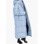 Blue Women Long Quilted Coat Hooded Maxi Length Long Sleeve Puffer Jacket Padded Coat Winter Outerwear