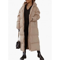 Camel Women Long Quilted Coat Hooded Maxi Length Long Sleeve Puffer Jacket Padded Coat Winter Outerwear