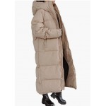 Camel Women Long Quilted Coat Hooded Maxi Length Long Sleeve Puffer Jacket Padded Coat Winter Outerwear