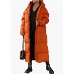 Orange Women Long Quilted Coat Hooded Maxi Length Long Sleeve Puffer Jacket Padded Coat Winter Outerwear