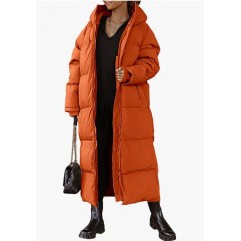 Orange Women Long Quilted Coat Hooded Maxi Length Long Sleeve Puffer Jacket Padded Coat Winter Outerwear