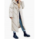 Beige Women's Hooded Long Puffer Coat Winter Longer Thickened Down Jacket Zip Cocoon Outwear