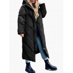 Black Women's Hooded Long Puffer Coat Winter Longer Thickened Down Jacket Zip Cocoon Outwear