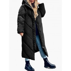 Black Women's Hooded Long Puffer Coat Winter Longer Thickened Down Jacket Zip Cocoon Outwear