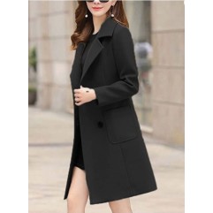 Black Women Winter Wool Blend Camel Mid-Long Coat Notch Double-Breasted Lapel Jacket Outwear