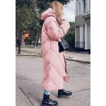 Pink Women's Hooded Long Puffer Coat Winter Longer Thickened Down Jacket Zip Cocoon Outwear