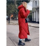 Red Women's Hooded Long Puffer Coat Winter Longer Thickened Down Jacket Zip Cocoon Outwear