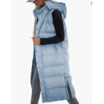 Blue Women's long Quilted Vest hooded Sleeveless Button Down puff vest cotton padded jacket winter coat