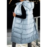 Blue Women's long Quilted Vest hooded Sleeveless Button Down puff vest cotton padded jacket winter coat