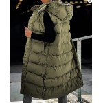 Army Green Women's long Quilted Vest hooded Sleeveless Button Down puff vest cotton padded jacket winter coat