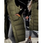 Army Green Women's long Quilted Vest hooded Sleeveless Button Down puff vest cotton padded jacket winter coat