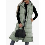 Green Women's long Quilted Vest hooded Sleeveless Button Down puff vest cotton padded jacket winter coat