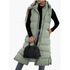 Green Women's long Quilted Vest hooded Sleeveless Button Down puff vest cotton padded jacket winter coat